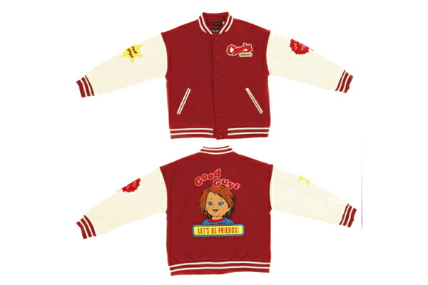 チャイルドプレイ　スタジャン3L　レッド　赤　チャッキー　グッドガイズ　映画　アウター　ジャンパー　服　メンズ　男性　ファッション　雑貨　グッズ　かわいい｜ＡＯＩデパート