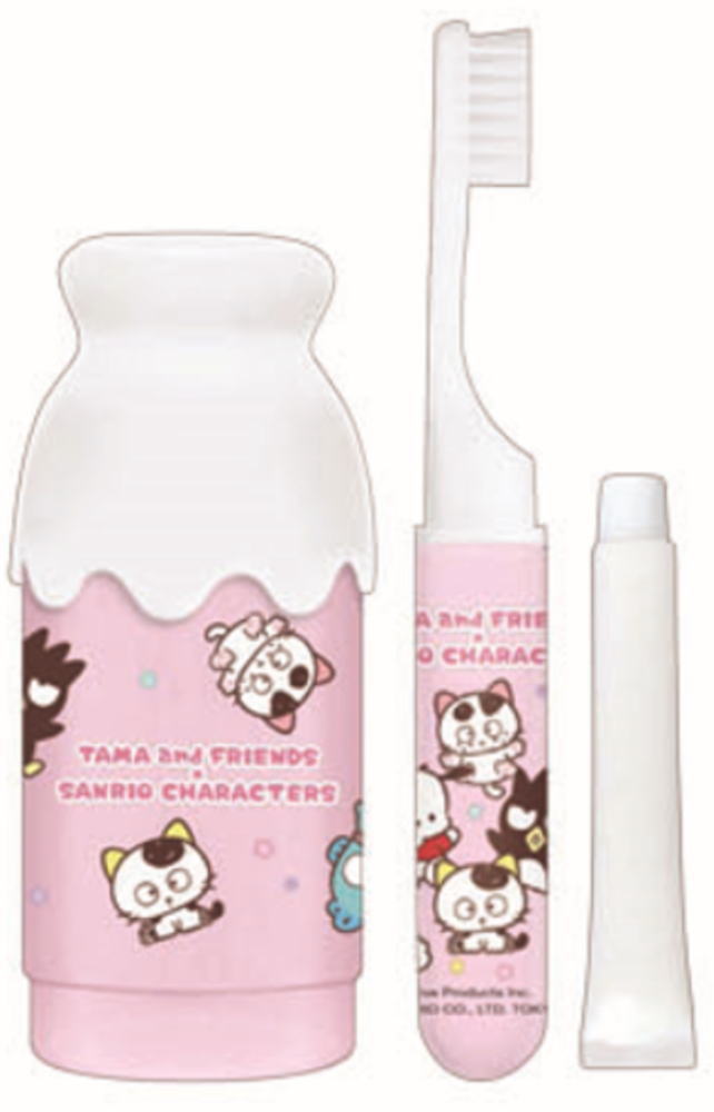 【送料無料】　　【日本製】　　タマアンドフレンズ×サンリオキャラクターズ　ミルク瓶型ハミガキセットカラフルパーティー　コラボ　うちのタマ知りませんか?　歯ブラシ　ハブラシ　ケース　旅行　トラベル　コンパクト　雑貨　グッズ　かわいい　TE画像