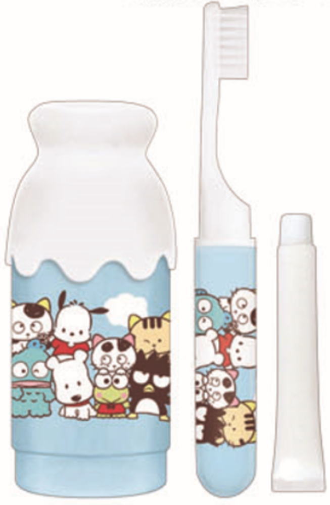 【日本製】　　タマアンドフレンズ×サンリオキャラクターズ　ミルク瓶型ハミガキセットわいわいひろば　コラボ　うちのタマ知りませんか?　歯ブラシ　ハブラシ　ケース　旅行　トラベル　コンパクト　雑貨　グッズ　かわいい画像