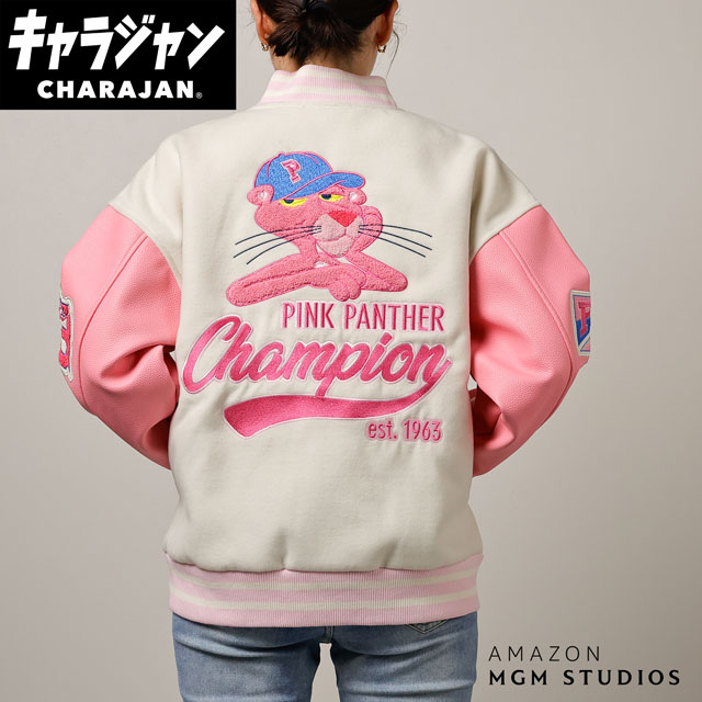 【送料無料】　ピンクパンサー　スタジャン5L　ブラックピンクパンサー　アニメ　アメキャラ　キャラジャン　アウター　ジャンパー　服　レディース　女性　メンズ　男性　ファッション　雑貨　グッズ　かわいい　【TE】｜ＡＯＩデパート