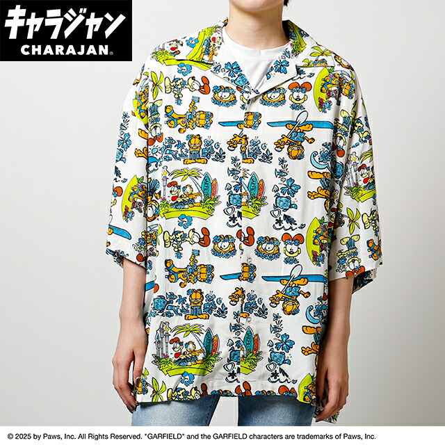 【送料無料】　ガーフィールド　アロハシャツM　ハワイアン　アニメ　アメキャラ　トップス　シャツ　服　レディース　女性　メンズ　男性　兼用　ファッション　雑貨　グッズ　かわいい