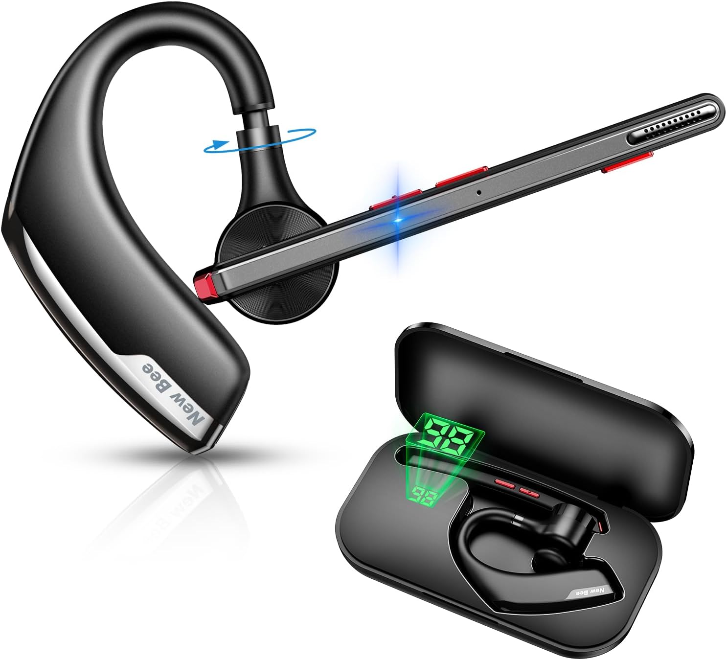Bluetoothヘッドセット 片耳 Bluetoothイヤホン ハンズフリー通話 Bluetooth5.2 CVC8.0 片耳イヤホン 耳掛け型 左右兼用 ノイズキャンセリング 両マイク内蔵 ミュート機能/Siri対応 2台同時接続 軽量 快適装着 日本無線電波認証214-230391 黒 New Bee M51