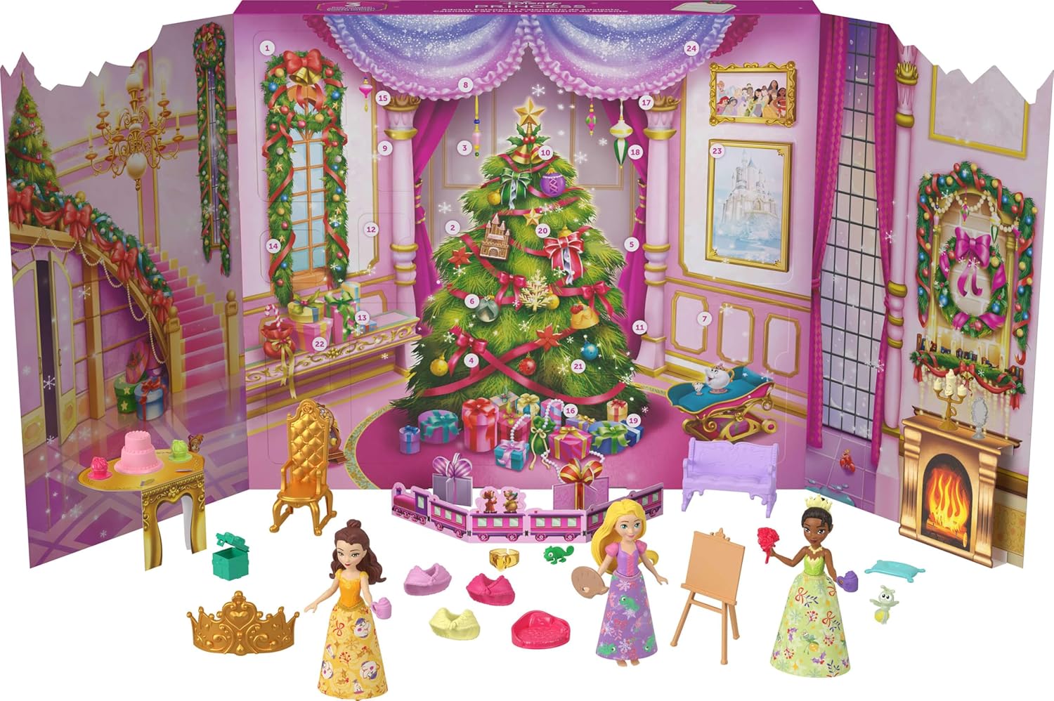 ディズニー プリンセス ドール アドベントカレンダー ラプンツェル ベル ティアナ サプライズ カウントダウン クリスマス プレゼント 小さなドール3体、仲間3人、ファッション6種類、映画にインスパイアされたアクセサリー16種類付き Mattel マテル【並行輸入品】
