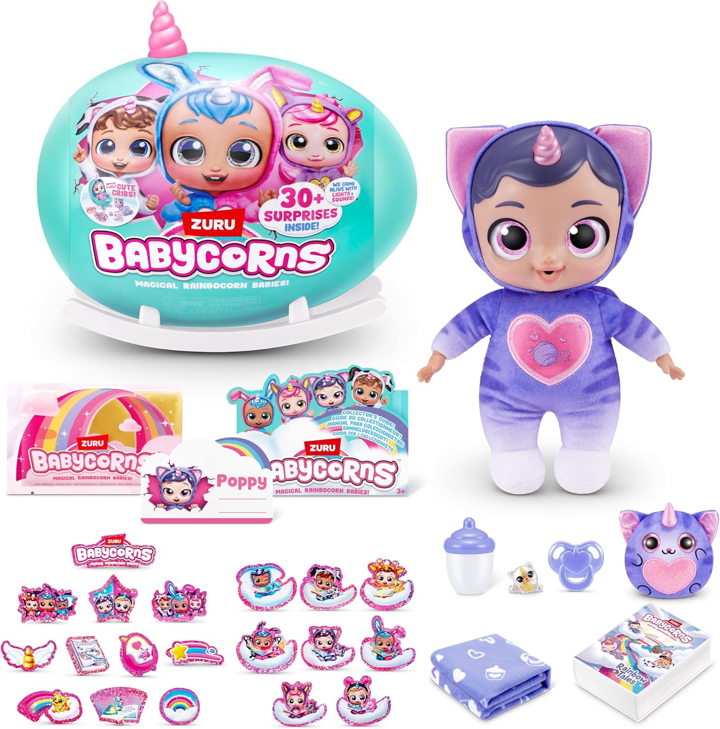 Babycorns インタラクティブ ベビードール シリーズ1 ラージ 子猫 ZURU製 光る＆しゃべる サプライズトイ お世話ドール ギフトに最適 おもちゃ ごっこ遊び ままごと おもちゃ 誕生日 クリスマス 女の子 男の子【並行輸入品】