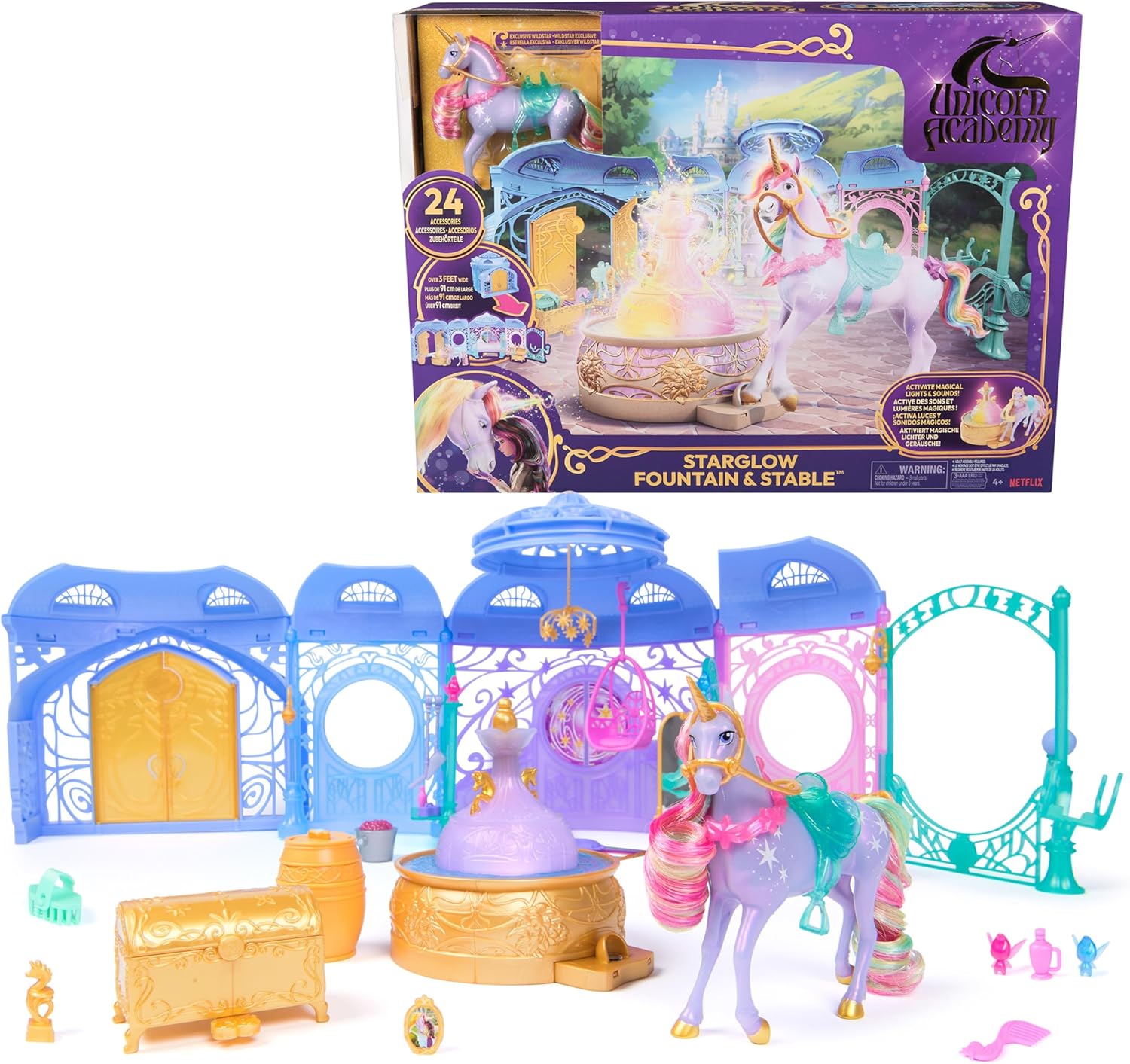 ユニコーンアカデミー スターグロー 噴水＆馬小屋 プレイセット ワイルドスター ライト＆サウンド アクセサリー24個付き ごっこ遊び ままごと おもちゃ 誕生日 クリスマス 女の子 男の子【並行輸入品】Unicorn Academy, Starglow Fountain & Stable Playset