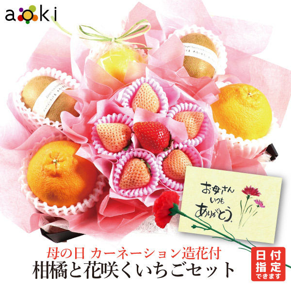 遅れてごめんね 母の日 カーネーション 造花 付 柑橘 と 花咲く いちご セットアオキフルーツ[サンゴールドキウイ デコポン 紅白いちご 日向夏・小夏他]RC 送料込 果物ギフト 贈り物 プレゼント 果物詰め合わせ 母の日 mother's day mother 母の日のプレゼント くだもの