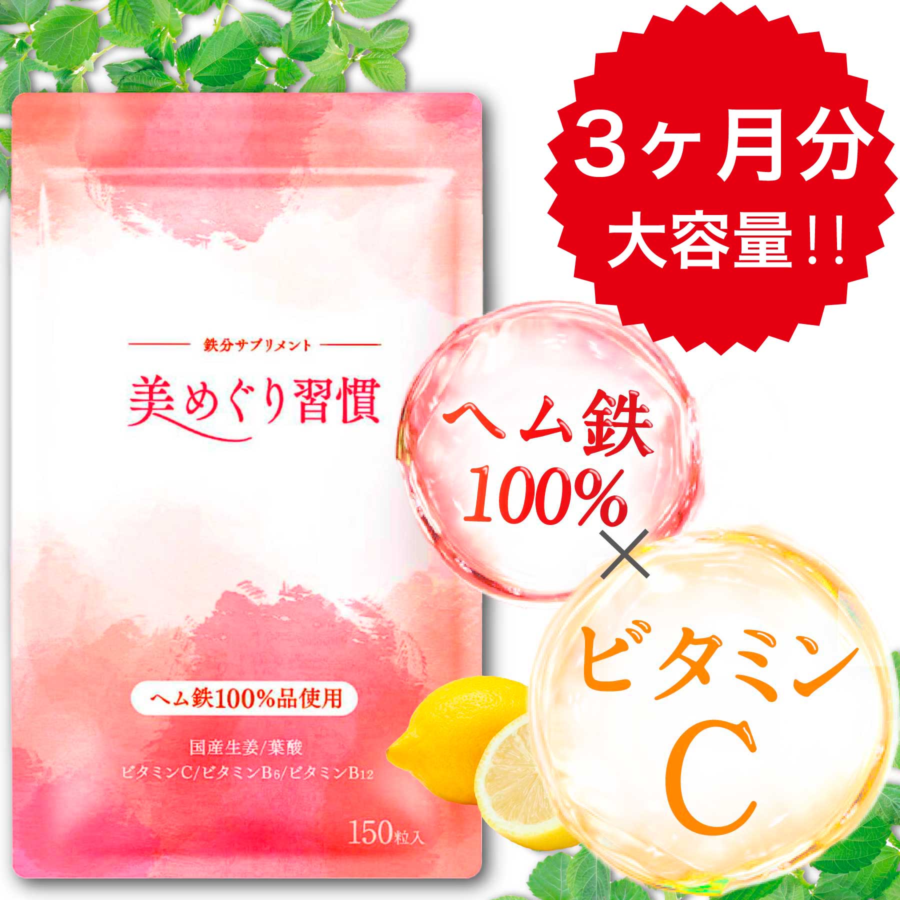 大容量3ヶ月分＼吸収率特化！／鉄分 サプリ 9,5mg ヘム鉄 100％ 栄養機能性食品 鉄 鉄臭なし ビタミン ミネラル 葉酸 サプリメント フェリチン鉄 鉄分補給 非ヘム鉄 鉄分不足 ビタミン ビタミンC ビタミンB12 子供 こども 美めぐり習慣 さくらの森