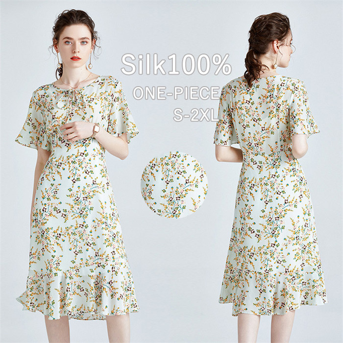 【時間限定10%OFF】シルク100% ワンピース レディース 女性用 半袖ライン柄ワンピース 結婚式ワンピース シルクドレス Aライン 紫外線カット UVカット 紫外線防止 極上シルク100% シルク 体型カバー 花柄 フレア 旅行 楽々 春夏 涼しい 入学式 卒業式 入園式卒園式|アオキ商店高森台