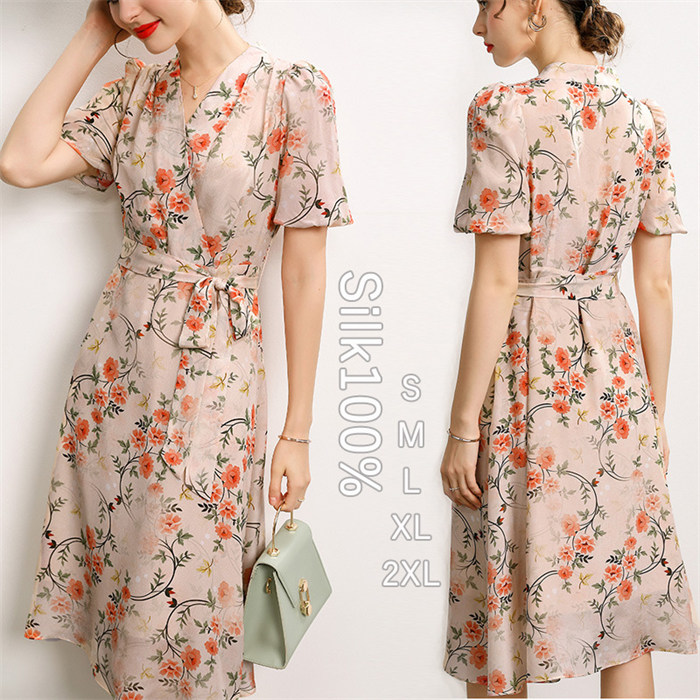 【時間限定10%OFF】シルク100％ ワンピース レディース 女性用 半袖ライン柄ワンピース 結婚式ワンピース シルクドレス Aライン 紫外線カット UVカット 紫外線防止 極上シルク100％ シルク 体型カバー 花柄 フレア 旅行 楽々 春夏 涼しい 入学式 卒業式 入園式卒園式