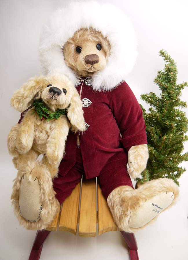 【即納】ロザリーさん御手手お手伝いさん 1点もの クリスマステディベア「Sledding Pals」（そり上滑りの茶飲み友だち）