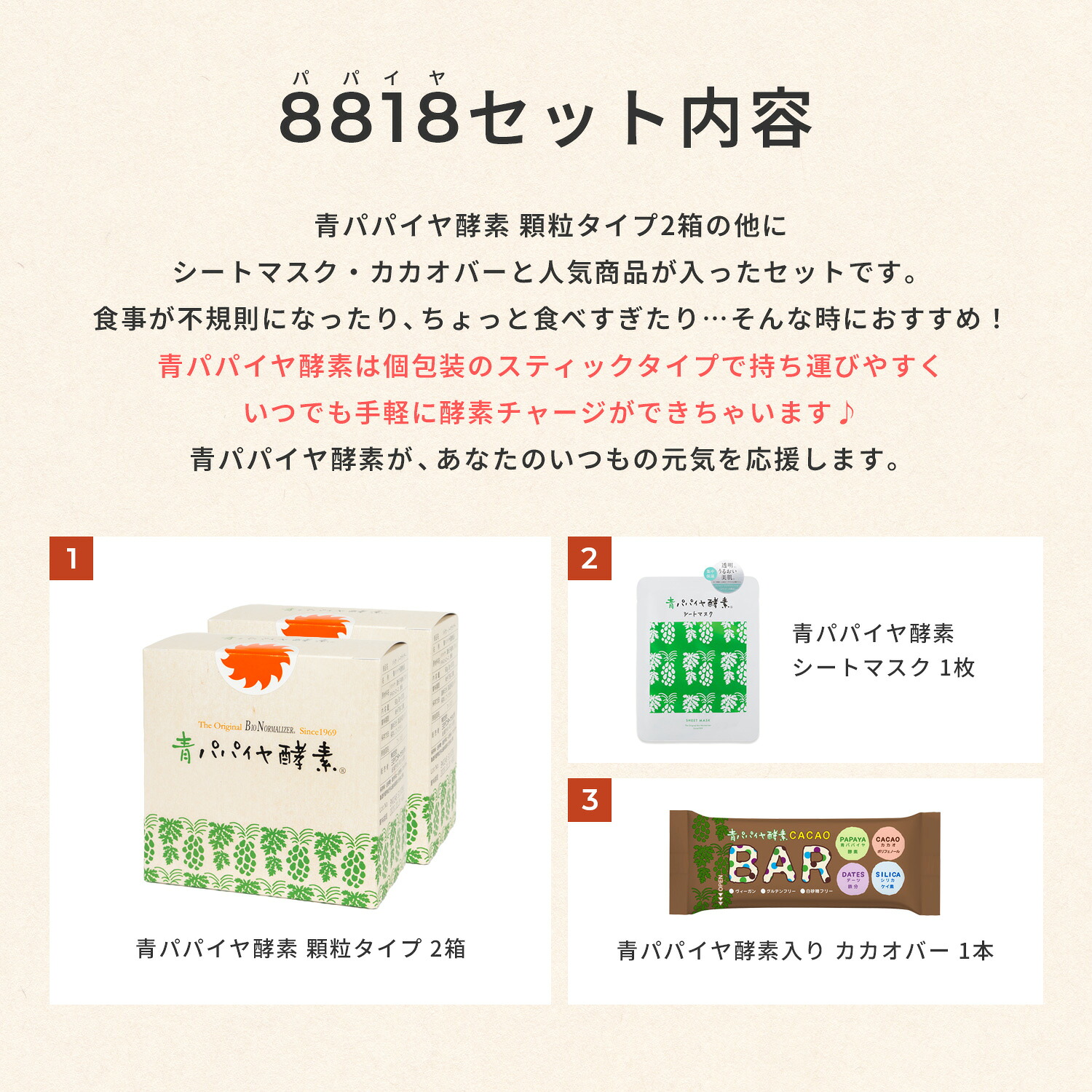 【公式】青パパイヤ酵素 パパイヤセット (顆粒 30包×2箱 / シートマスク / 青パパイヤ酵素入りバー) バイオノーマライザー 非加熱 酵素 粉末 インナーケア トータルケアセット 男女 女性 男性 プレゼント ギフト ご褒美 新生活 30代 40代 50代 60代