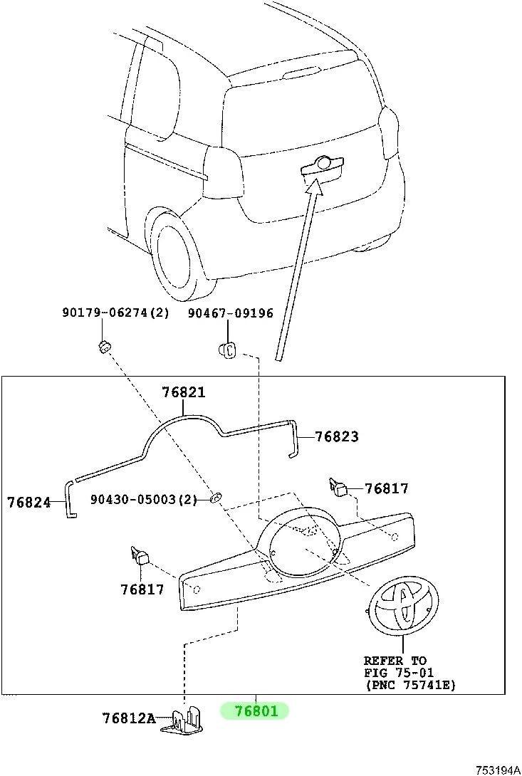 TOYOTA (トヨタ) 純正部品 GARNISH SUB-ASSY, BACK DOOR, OUTSIDEGARNISH SUB-ASS品番 76801-52480-E1｜MAP-S