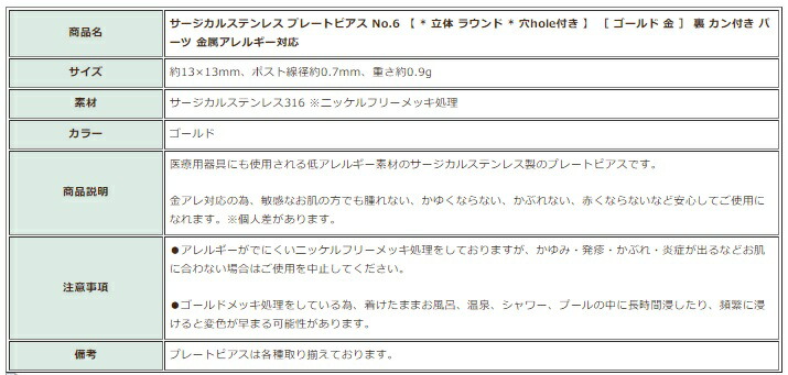 国内在庫 個 サージカルステンレス プレートピアス No 6 立体 ラウンド 穴hole付き ゴールド 金 キャッチ付き 裏 カン付き パーツ 金属アレルギー対応 Trofej Dinamo Hr