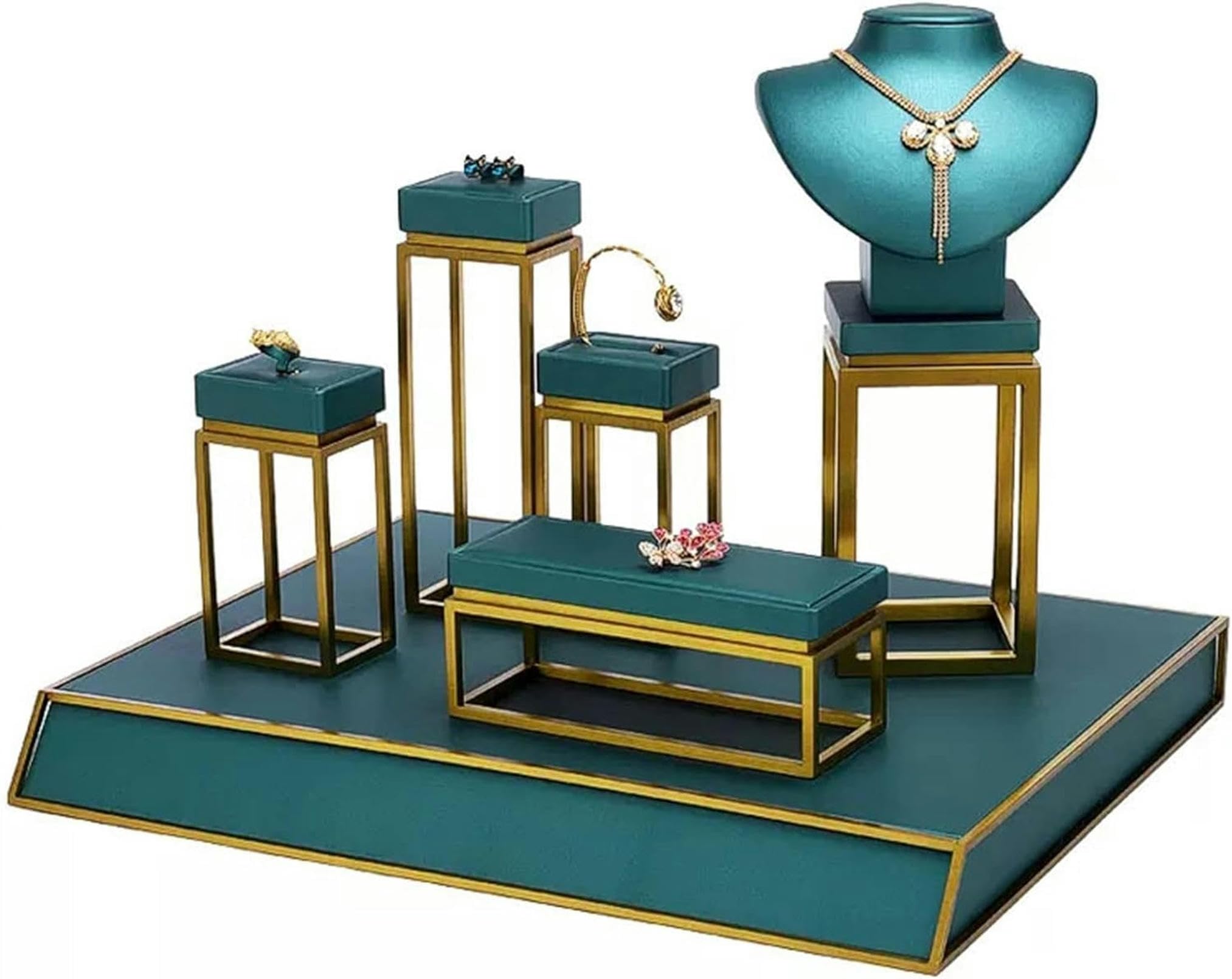 宝飾品高閣 グリーンレザージュエリーディスプレイ 首飾り、腕輪、イヤリング保持者、ジュエリースタンドホルダー、時辰儀ネックレスブレスレットオーガナイザーリングホルダー、イヤリングディスプレイジュエリー用