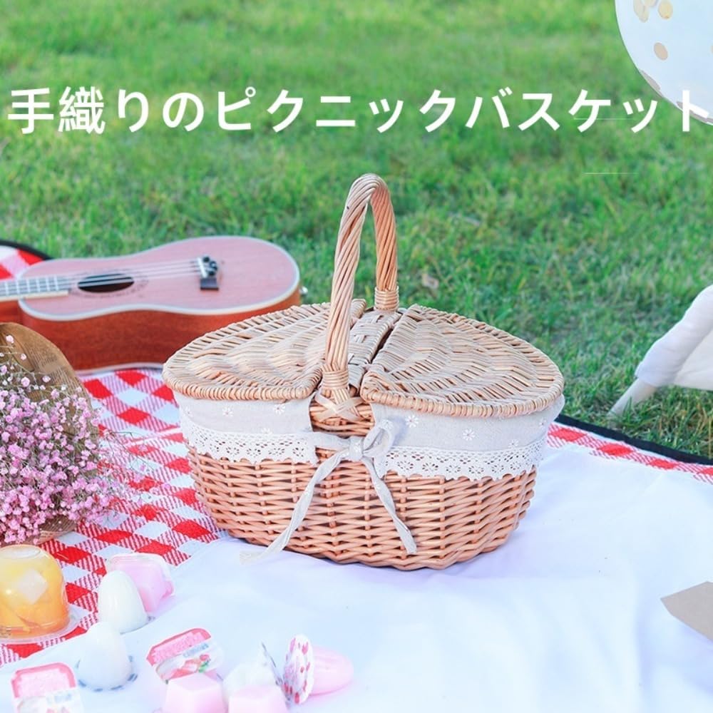 ピクニック提げ篭 納める提げ篭 籠 納めるかご 納めるカゴ お花見 ピクニック 籐かご 手編み 蔬菜かご 雑貨うしろ側 手作物品 布付き添い人カゴ 蓋付き添い人 持ち手 水洗いするえる 御菓子納める 小入れもの ルーラル地域風 藤提げ篭 難民キャンプ 身寄り用 (赤いこと,取りまかなうのないまっ四角)