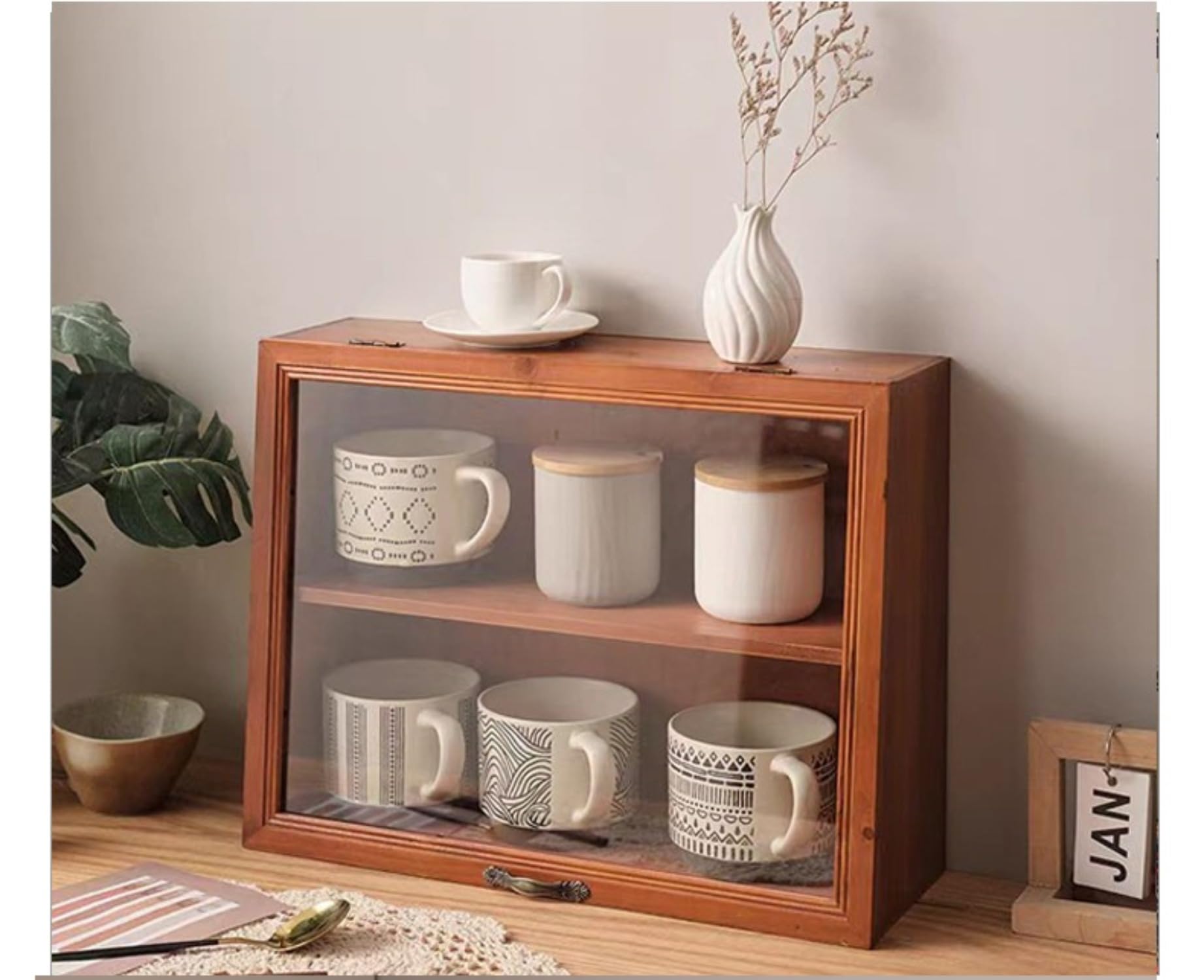 木製 コーヒーカップ収納ボックス ディスプレイケース マグカップ収納 収納キャビネット 茶具収納 おしゃれ 帯付き (43*14.5*33CM,ナチュラル)｜アピネス