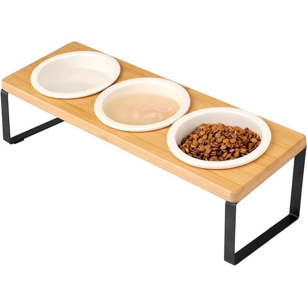 犬猫用スタンド付きセラミック食器、15度の角度つき、ペット用竹製スタンド付き食器、猫、犬、ペット、猫用、犬用、ペット用、食器、皿、陶器製、食器スタンド、餌入れ&hellip; (陶器のダブルボウル)｜アピネス