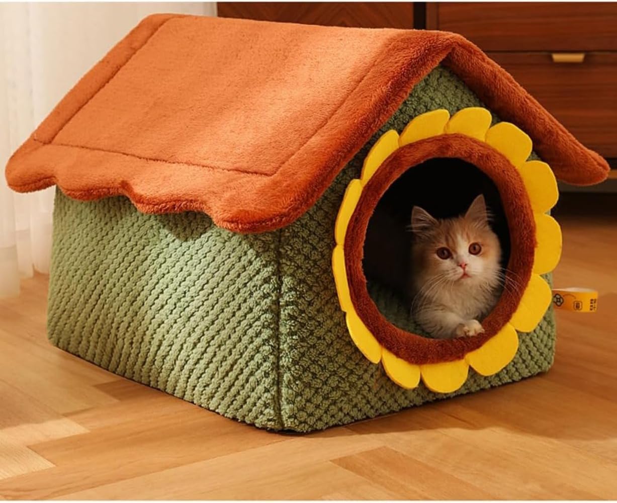 猫ハウス 猫 屋根付きハウス ペット ベット 防寒 ふわふわ 犬ベッド 室内 猫 ペットハウス 暖かい巣 洗える 犬 猫 キャットベッド 可愛い 猫寝床 猫ベッド 小動物 ハウス 秋冬保温 48*40*39cm 猫クッション 暖かい グリーン 小型犬 犬小屋 室内用 (L/53*43*46CM)|アピネス