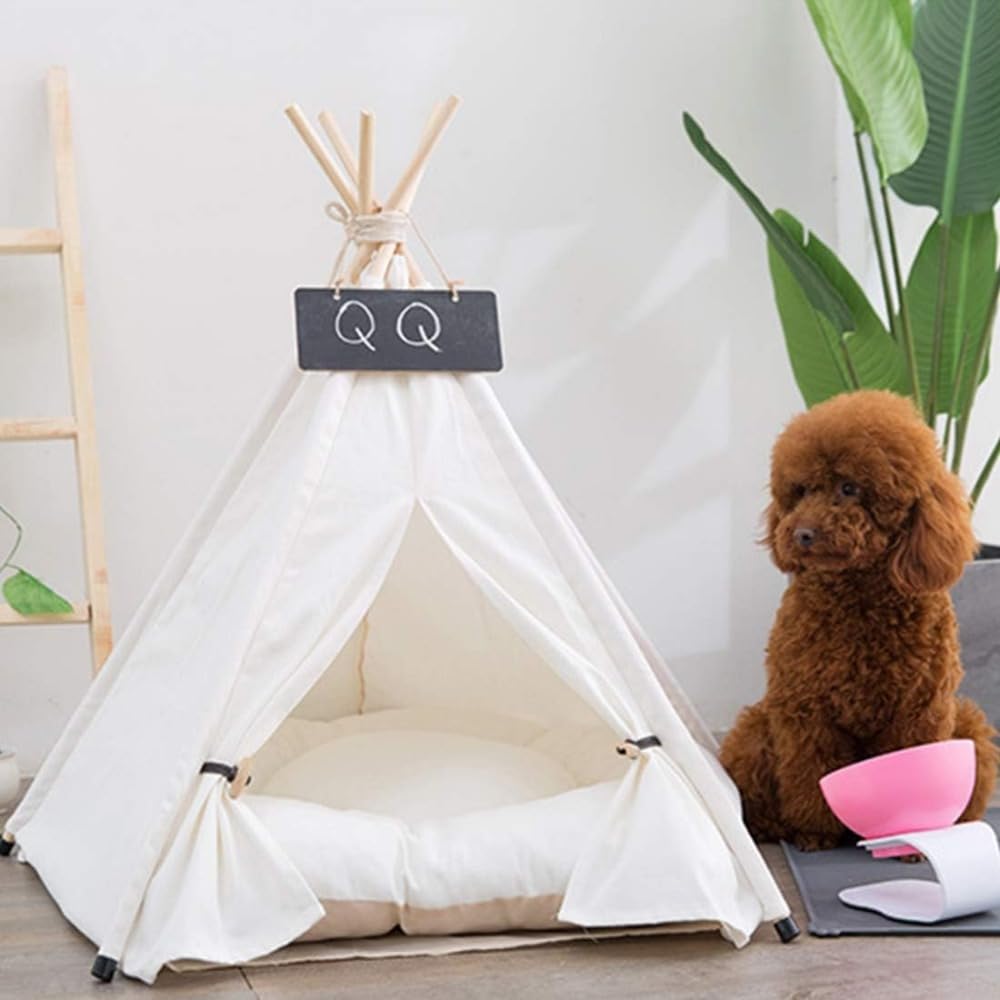 ティピー テント ペットベッド ペットテント 簡易テント ハウス マット 寝床 ふんわり レース 子犬 猫 テント 室内 三角 犬小屋 夏冬 対応 クッション 付き おしゃれ 犬小屋 猫小屋 簡単組み立て (S/40&times;40&times;50cm)｜アピネス 9,359円