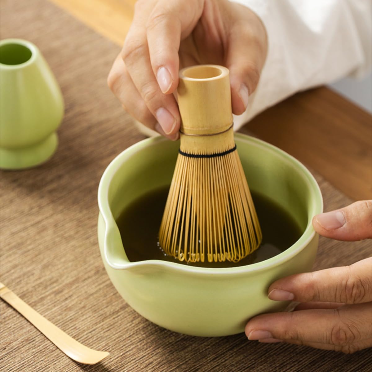 抹茶碗 抹茶セット 茶道具 茶碗 注口 陶器 茶筅 桃紅里 茶筅 たちばな 抹茶小物 (12.7*7.5cm,グリーン) []