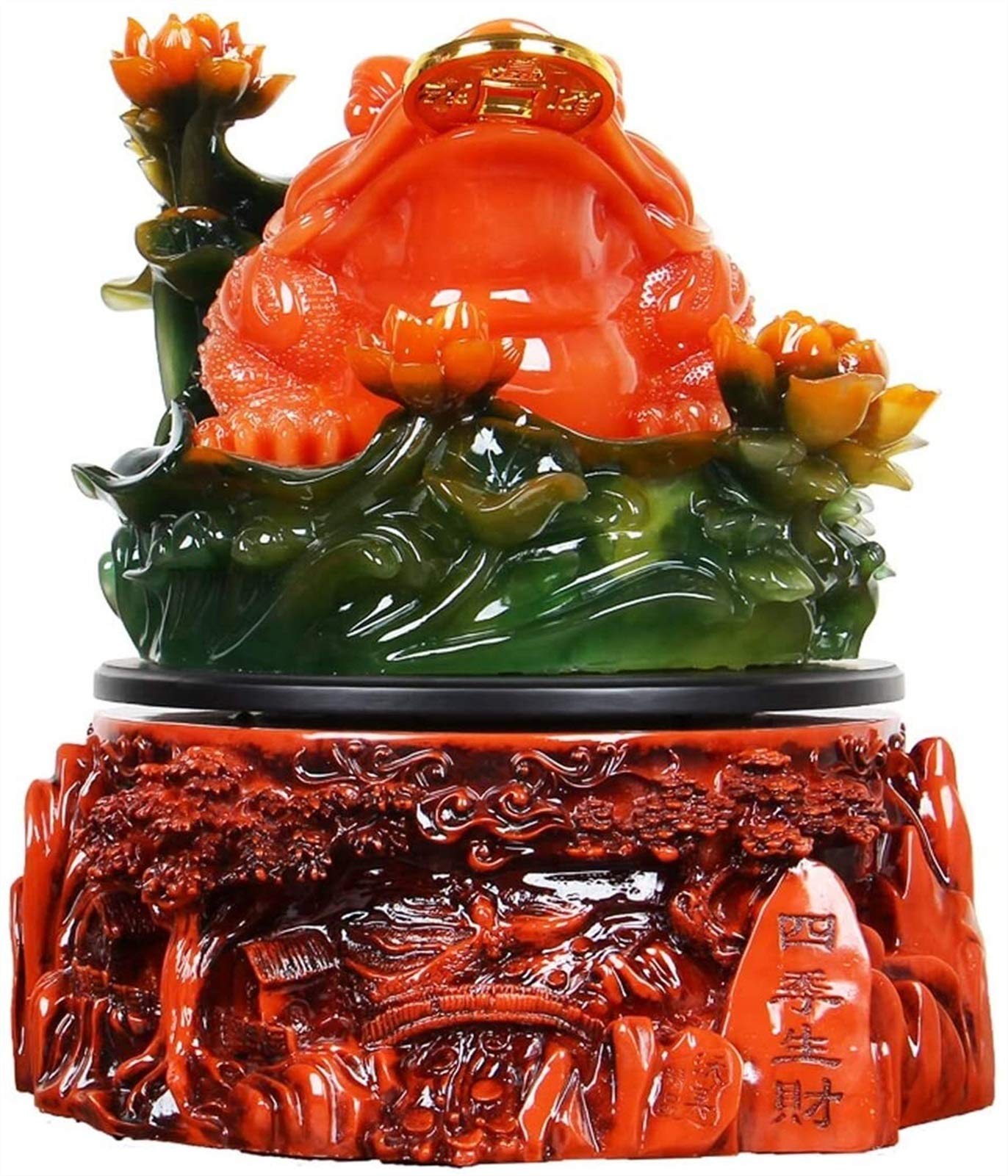 三脚蟾蜍 置物 銭蛙 金運祈願 招財 風水 樹脂製 蓮の花 四季生財 彫刻 台座付き インテリア オブジェ 玄関 会社 事務所 開運 縁起物 贈り物 ギフト 翡翠色 琥珀色 40cm|アピネス