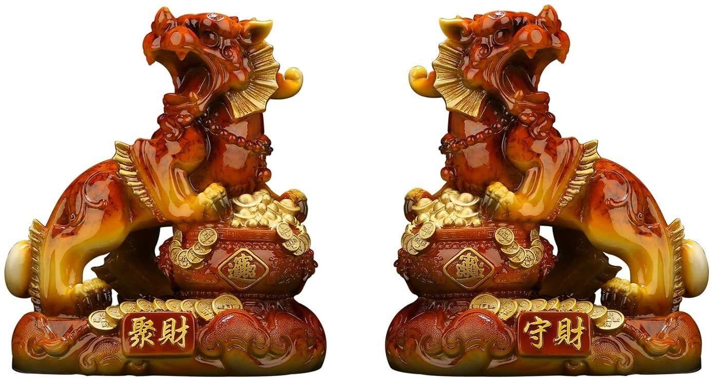 風水 置物 貔貅 ヒキュウ 2体セット 招財 守財 樹脂製 琥珀色 龍亀 玄関 居間 リビング インテリア 運気アップ 縁起物 パワーストーン 財運 商売繁盛 お守り プレゼント 贈り物 ギフト|アピネス