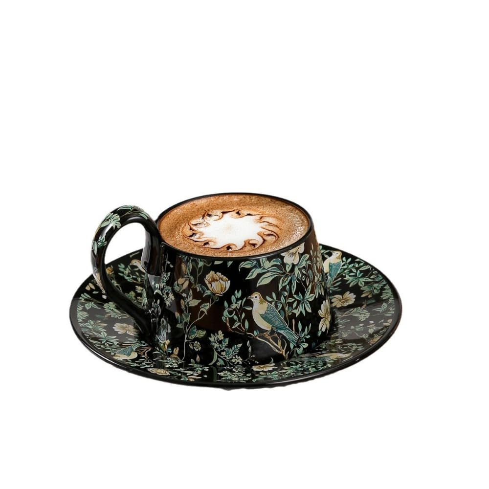 コーヒーカップ ソーサー セット 陶器 ボーンチャイナ 鳥 花柄 ボタニカル 水彩画風 アンティーク調 レトロ モダン 上品 おしゃれ ティーカップ 兼用碗皿 コーヒー 紅茶 接客 来客用 華やか インテリア 雑貨 ギフ トボックス入り｜アピネス