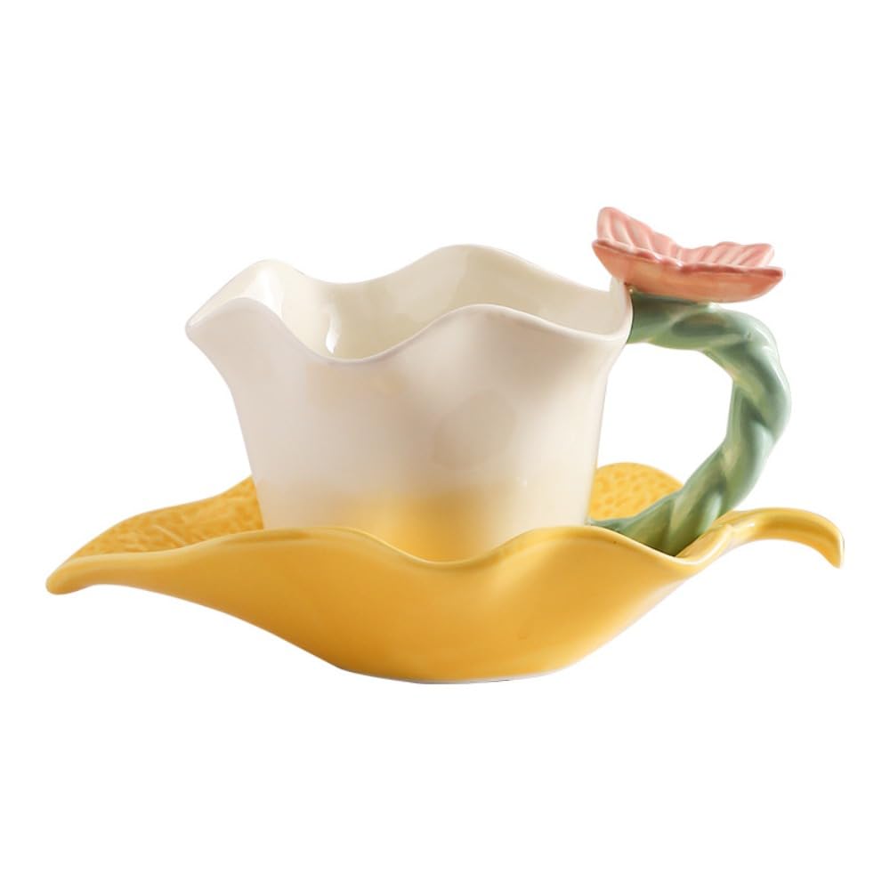 コーヒーカップ ソーサー スプーン 3点セット 陶器 280ml ティーカップ 蝶 バタフライ 花びら 立体 モチーフ 葉っぱ リーフ プレート 洋食器 カフェ おしゃれ かわいい ギフト プレゼント インテリア ティータイム|アピネス