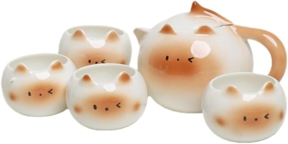 シャム猫 ティーセット 陶器 急須 湯呑み 4客セット 茶器セット ティーポット 濾し器付き 猫雑貨 贈り物 インテリア かわいい アニマルモチーフ ティータイム 来客用 猫好き プレゼント ギフト 景品 お祝い 記念日｜アピネス