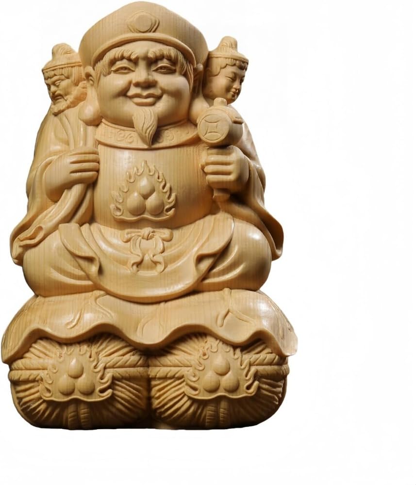 置物 木彫り 大黒天 三面大黒天 桧木 仏像 縁起物 財神 金運アップ 幸運 商売繁盛 開運 招福 仏教美術 彫刻 工芸品 手彫り 事務所 玄関 インテリア 贈り物 ギフトボックス付き 高さ約18cm 幅約13cm 奥行約11cm｜アピネス