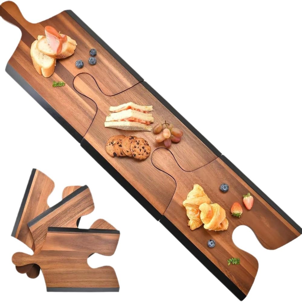 寿司 お刺身 プレート 木製 パズル型 連結 パーティー食器 盛り付け 台 サービングボード アカシア カッティングボード 漆塗り 皿 ディスプレイ 卓上 演出 2点セット｜アピネス