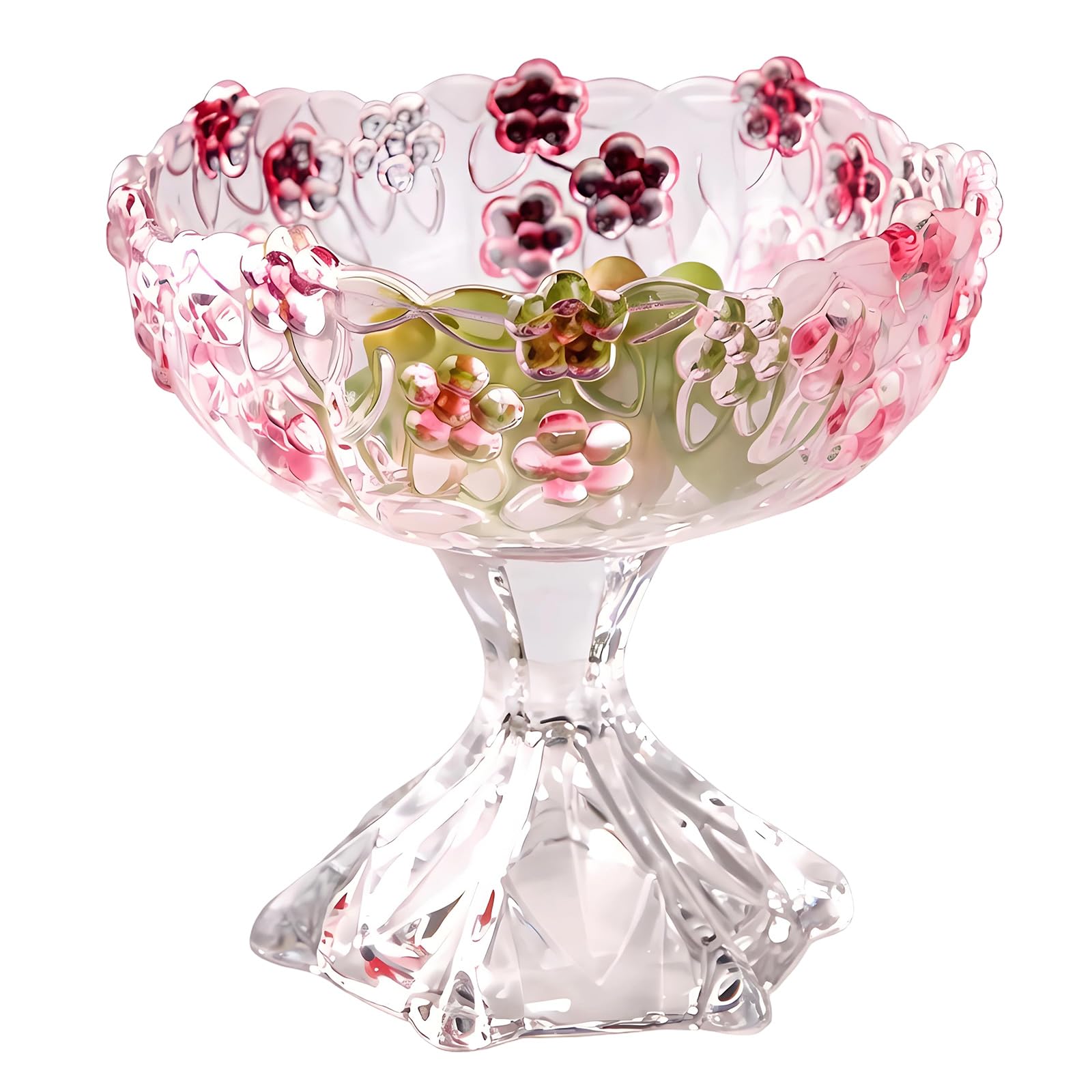 ガラス製 フルーツボウル クリスタル 脚付き デザート プレート 花柄 さくら モチーフ 菓子器 キャンディ ナッツ トレイ 盛皿 上品 おしゃれ 華やか 高級感 インテリア サラダ コンポート 21.5cm|アピネス