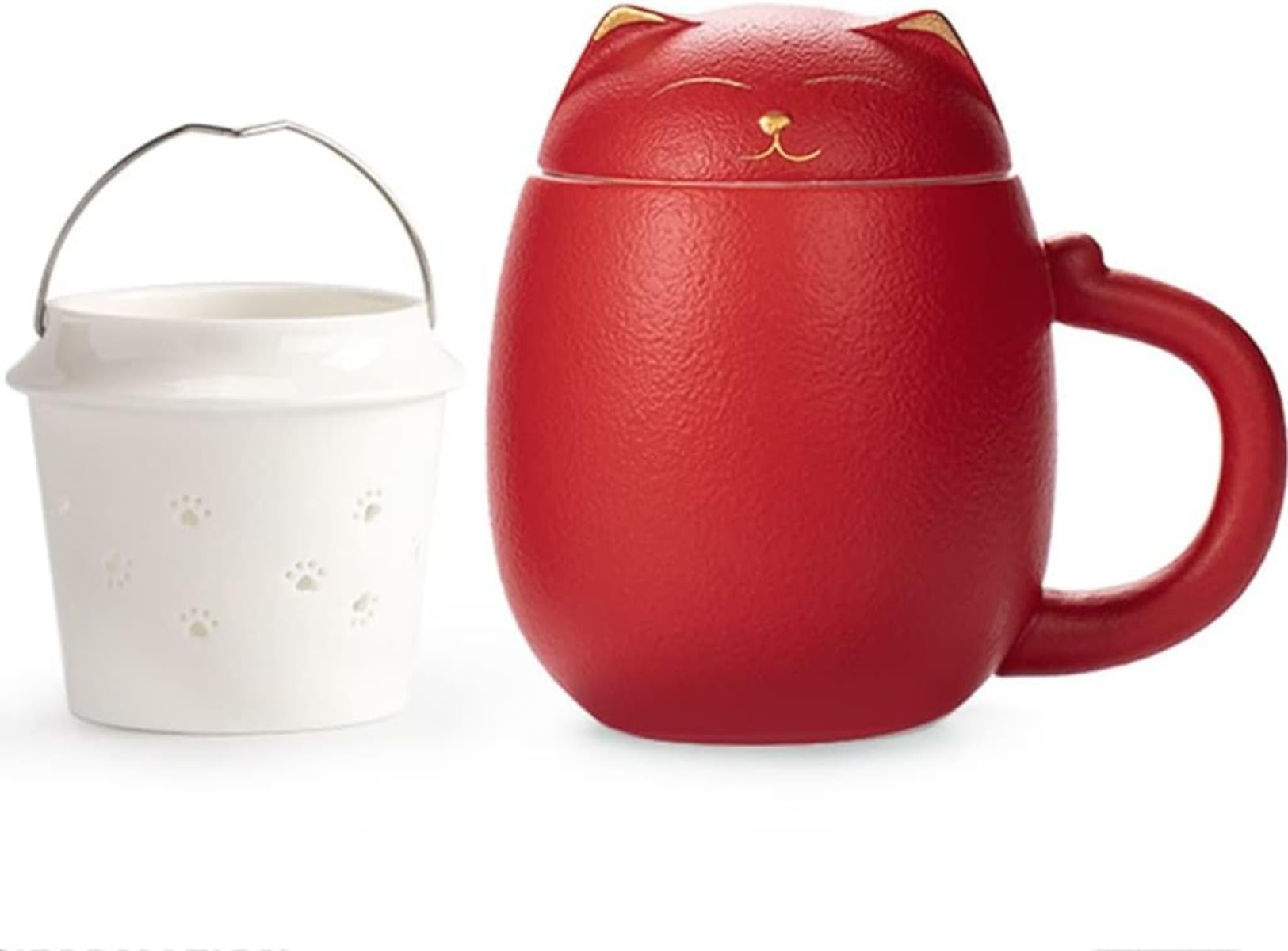 猫 マグカップ 茶こし付き 蓋付き ティーカップ セラミック かわいい おしゃれ 動物 モチーフ 陶器 ティーポット オフィス 紅茶 緑茶 350ml プレゼント ギフト (レッド)|アピネス