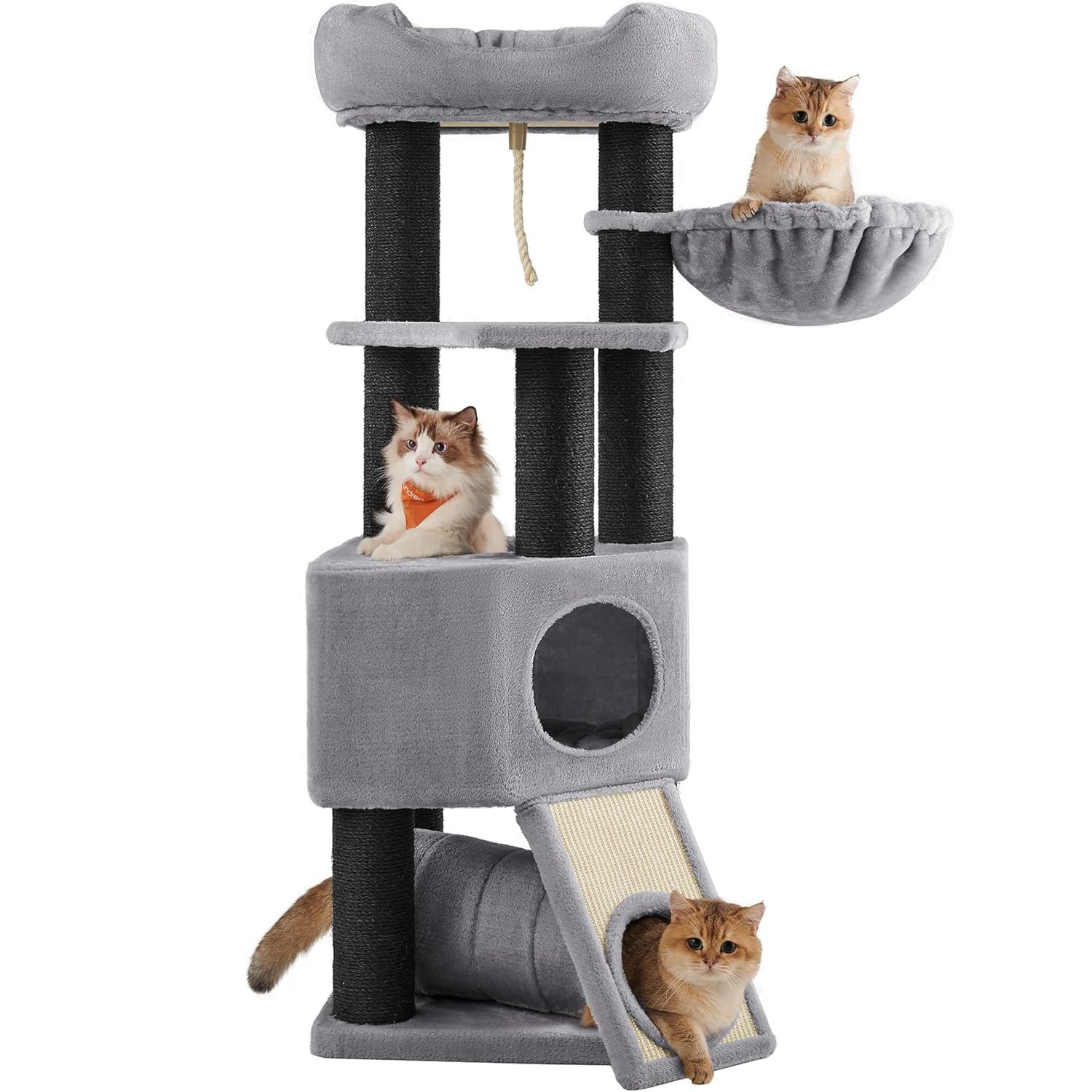 キャットタワー 据え置き 大型 141cm 多頭飼い 麻紐 猫タワー 猫ハウス 爪とぎ 安定性 おしゃれ 猫 キャットツリー 運動不足解消 猫用品 グレー｜アピネス
