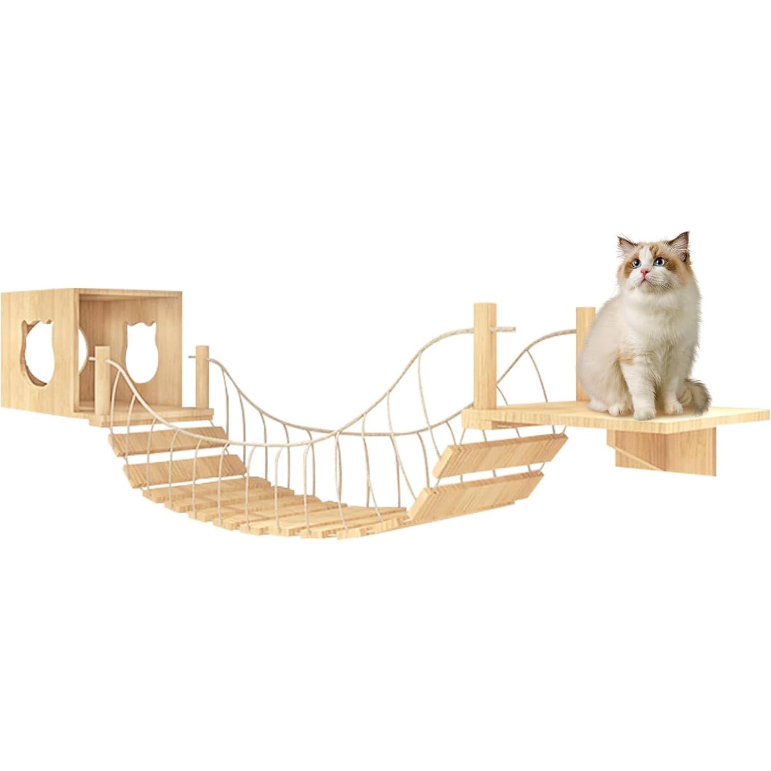 木製 キャットウォールシェルフ 壁掛け 猫用家具 ステップ台 橋 階段 アスレチック 遊び場 省スペース インテリア ペット用品 天然木製｜アピネス