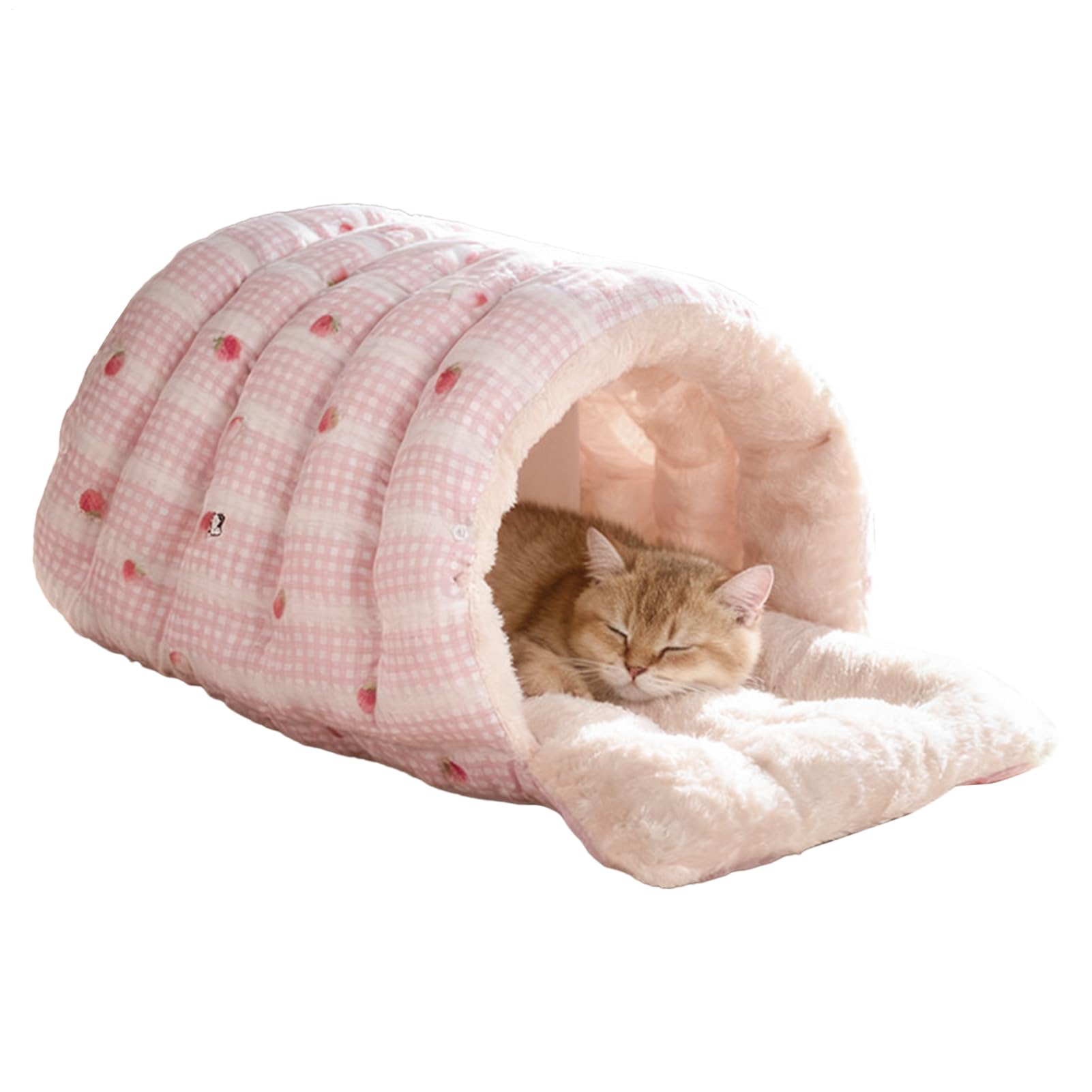 猫用ベッド ペットベッド 犬猫用 ハウス ドーム型 寝袋 ペットハウス 2WAY 洗える クッション付き ふわふわ もこもこ 暖かい 秋冬 保温 防寒 滑り止め ストロベリー柄 おしゃれ ピンク｜アピネス
