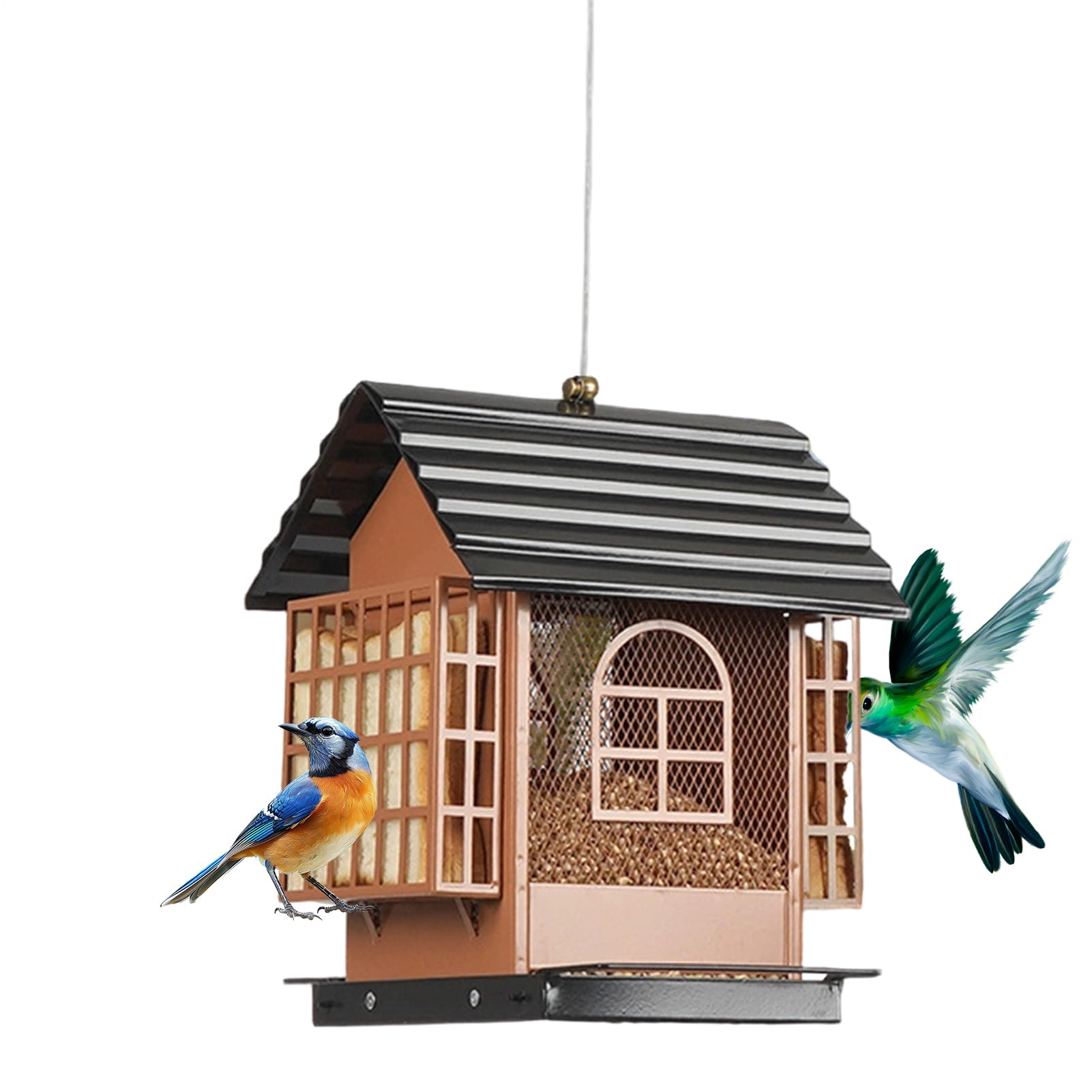 バードフィーダー 野鳥 餌台 吊り下げ 金属元素製 掘っ建て小屋型 エサ台 庭 庭園 バードウォッチング 見ること用 今めかしい 分かりやすい 室外 喰らわせる器