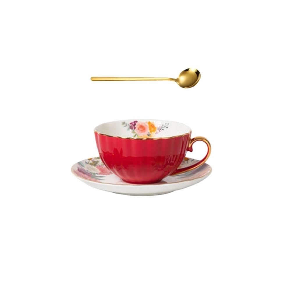 ティーカップ ソーサー セット かぼちゃ型 おしゃれ コーヒーカップ 200ml 紅茶 カップ 陶器 ゴールドリム 花柄 アンティーク風 可愛い 食器セット ギフト プレゼント 結婚祝い 母の日 北欧風 レトロ カフェ食器｜アピネス