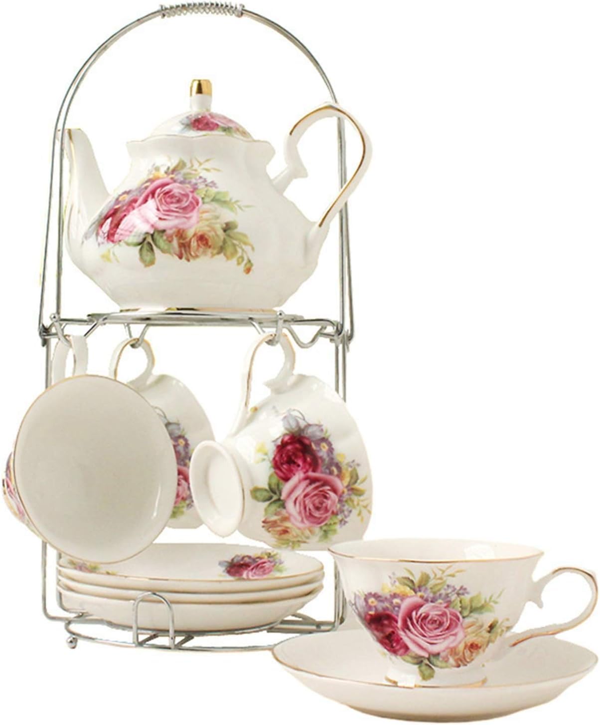 ティーセット カップ&ソーサー 4客セット ティーポット付 メタルスタンド プレート 収納ラック付き 陶器 花柄 ローズ ゴールドライン 上品 エレガント 洋食器 ヨーロッパ風 アフタヌーンティー コーヒー 紅茶 おうちカフェ ティータイム|アピネス