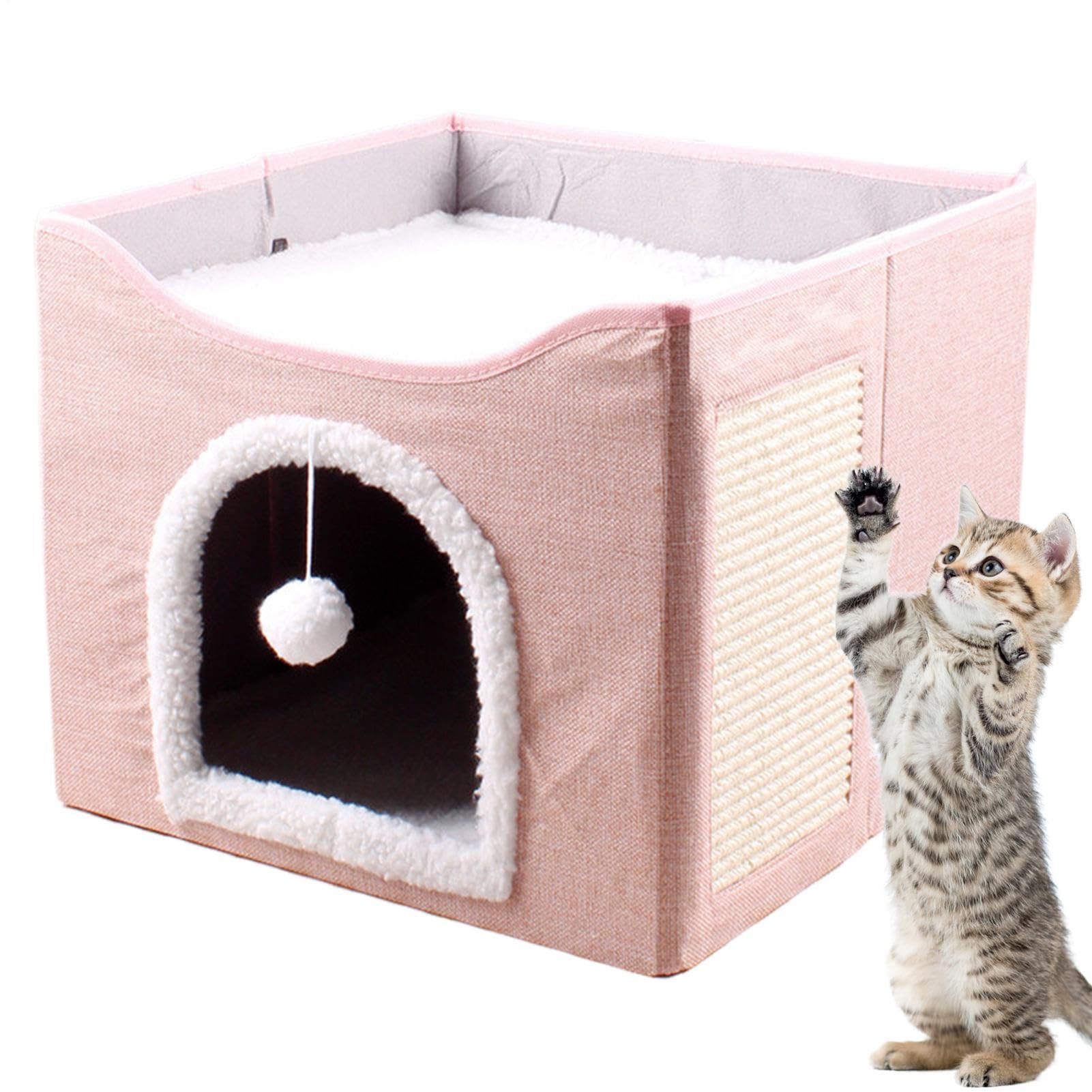 猫 ハウス 冬 キャットハウス ドーム 折りたたみ 猫用ベッド 2WAY 上部クッション付き 隠れ家 キャットコンド サイザル 麻 爪とぎ 室内用 おもちゃ ポンポン付き ネコ ペットハウス キューブ型 四角 オールシーズン コンパクト 収｜アピネス