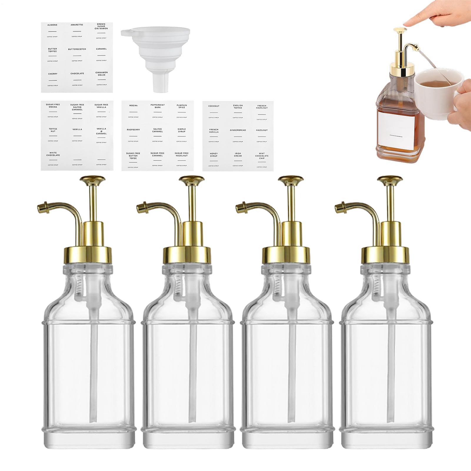 舎利別ディスペンサー 硝子 500ml 4本書き割り 金色揚水機 付け紙 ステッカー 折りたたみじょうご 漏斗付き添い人 珈琲舎利別 壜 詰め替え 入れもの 喫茶店風 今めかしい 勝手もと納める 調味料入れ 出どころ トマトケチャップ 流動体石けん ハ