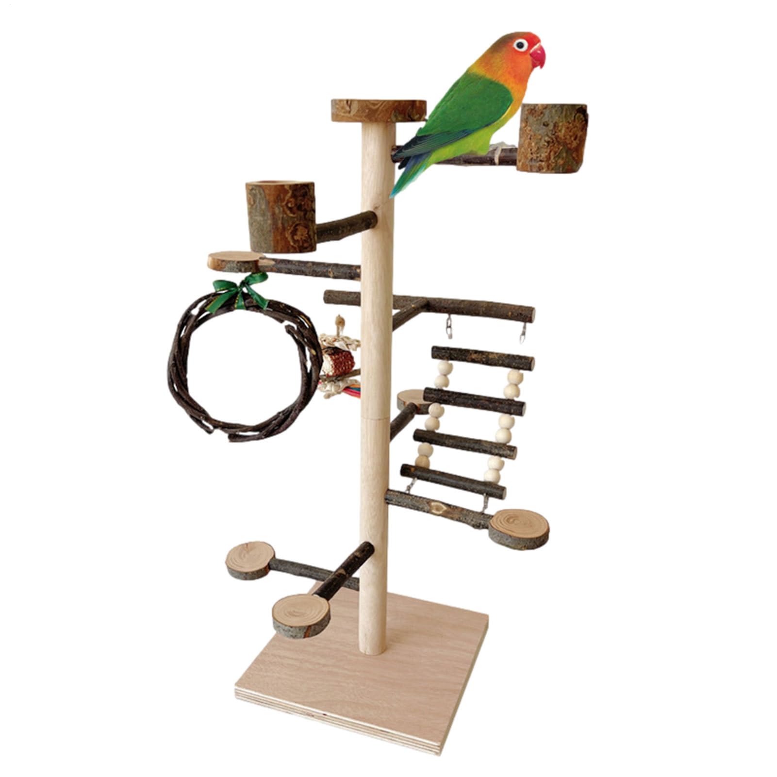 バードアスレチック インコ 遊び場 止まり木 天然木製 吊り下げおもちゃ付き スタンド 置き型 小鳥 ケージ内 運動不足解消 32cm&times;53cm｜アピネス