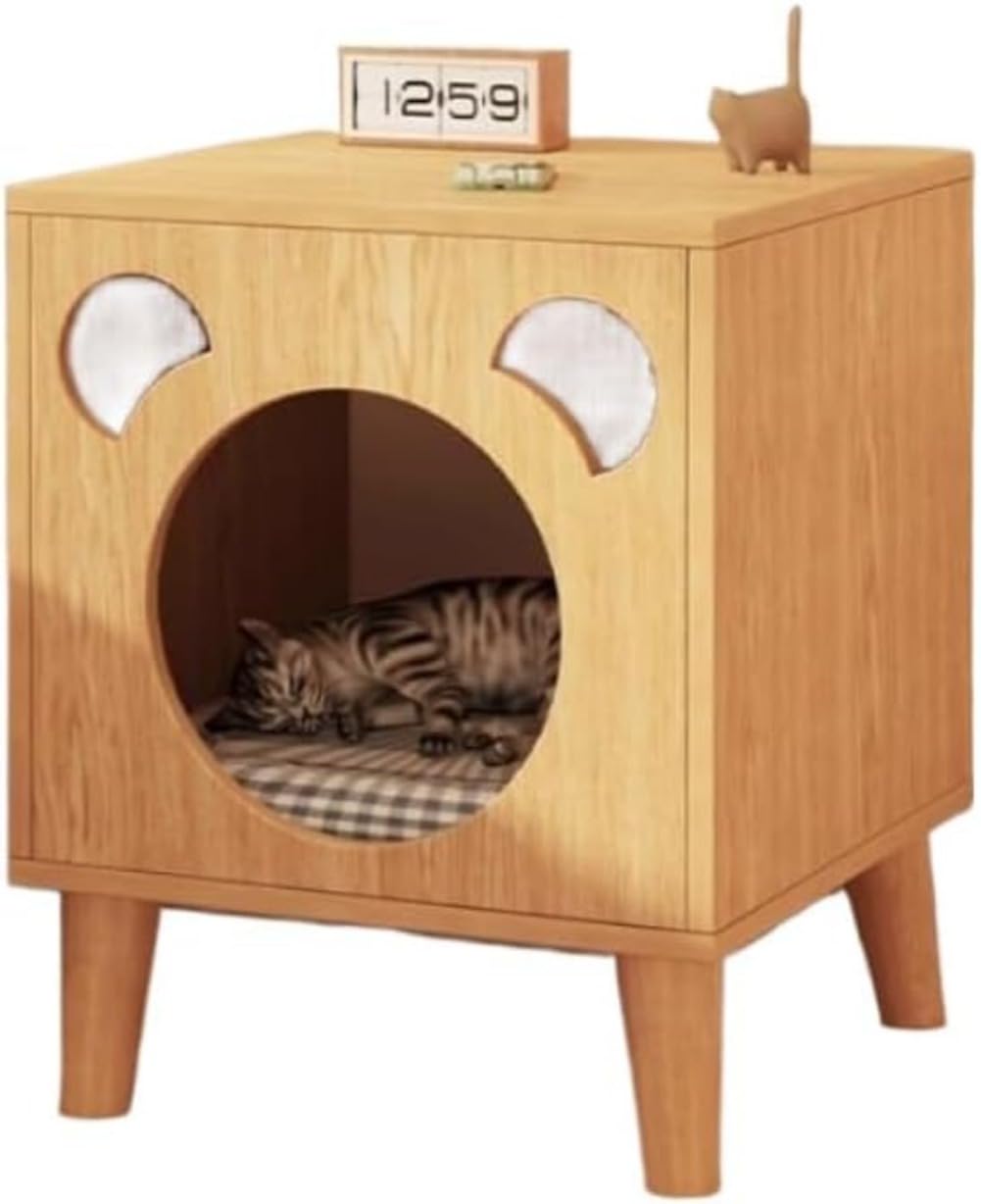 猫棲み家 サイドテーブル 猫 臥榻 木製 キャットハウス 小型犬用 愛玩動物棲み家 生まれながら木 北欧風 室内装飾 通気性 精神的な統合飾り気の無い 生まれながら肌理調 リビング 臥し所 (オーク材色)