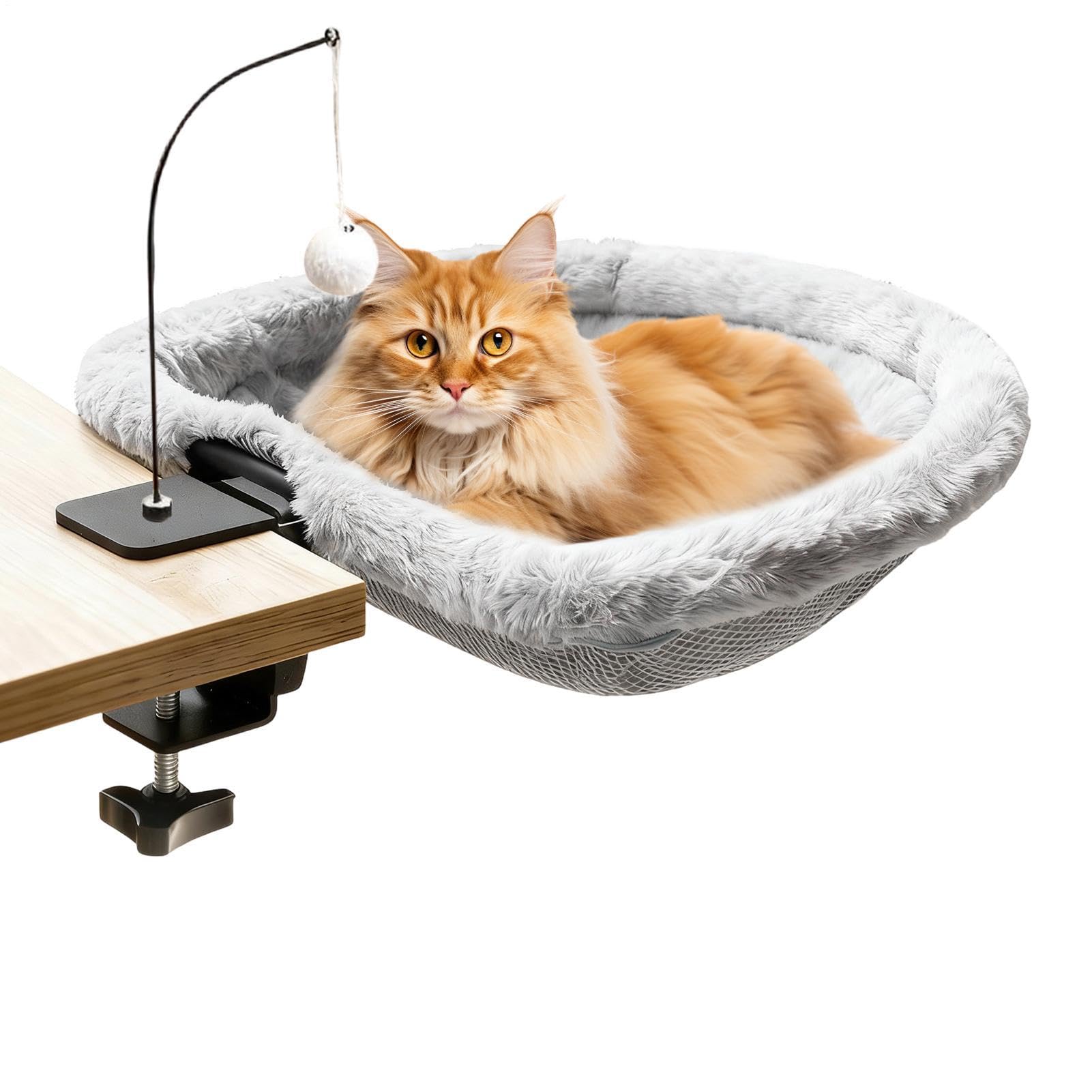 デスクハンモック 猫 ベッド クランプ式 固定 キャットハンモック 猫用ベッド デスク取付 ペットベッド ミニハンモック 吊り下げ おもちゃ付き 快適 通気性 メッシュ もこもこ 取付簡単 工具不要 省スペース ペット用品 室内用 リラック｜アピネス