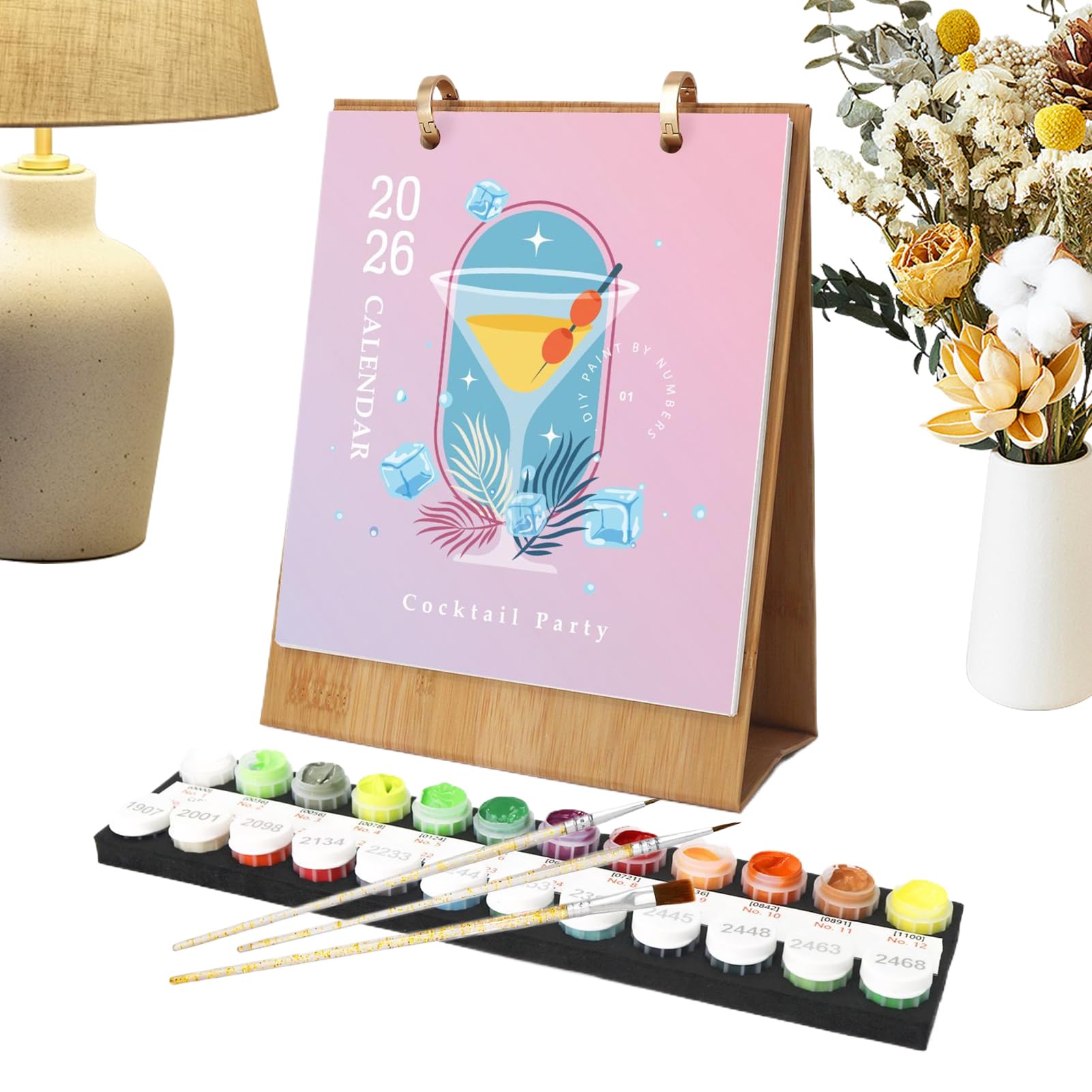 2026年 卓上カレンダー ペイントバイナンバー 数字塗り絵 セット 絵の具・筆付き アートカレンダー 木製スタンド ぬりえ 趣味 アート インテリア 癒し 大人 子供 デスク雑貨｜アピネス