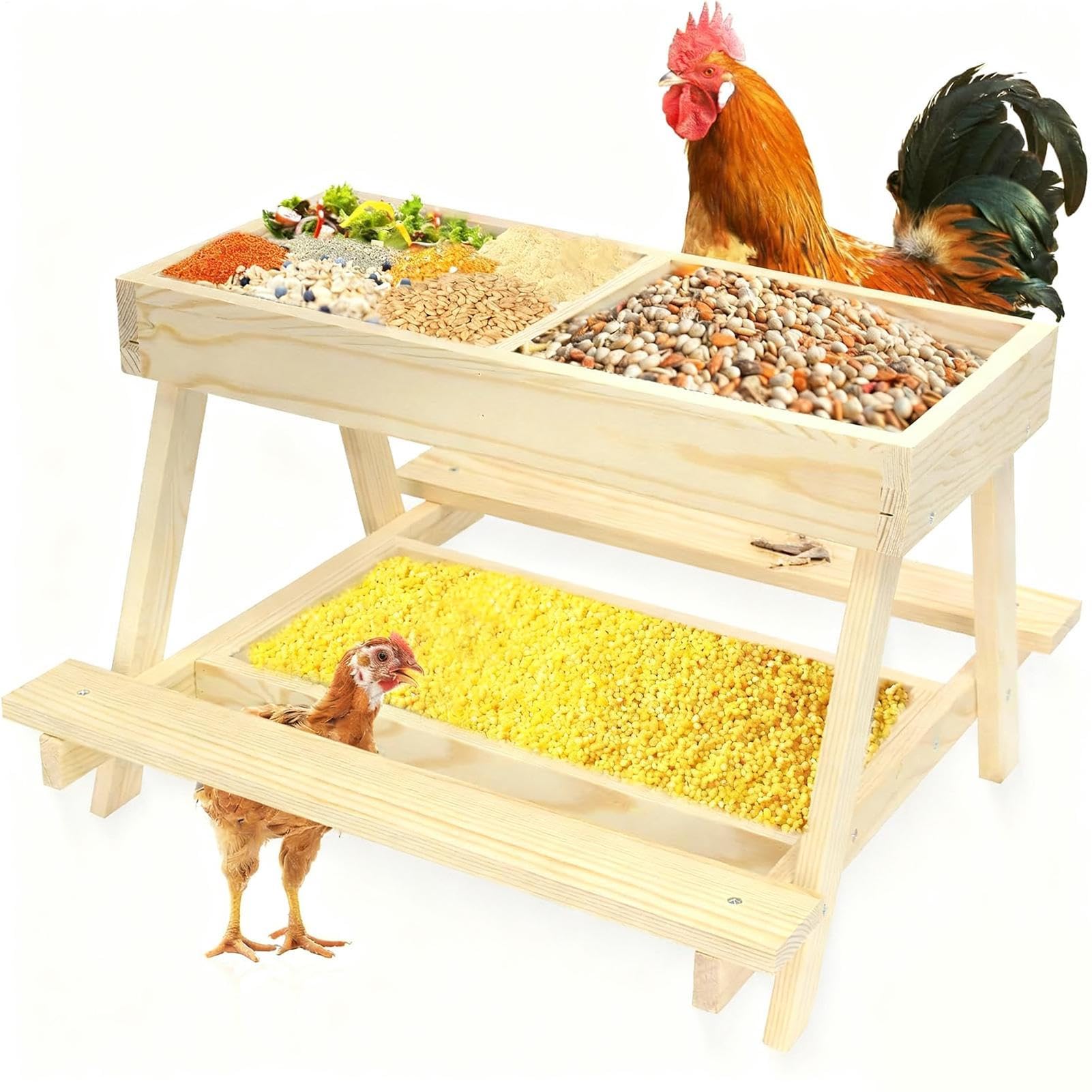 鶏用フィーダー エサ台 2段式 木製 鳥用給餌器 4分割トレー付き 家禽 ニワトリ アヒル 家畜用 餌入れ ガーデン 農場用品｜アピネス
