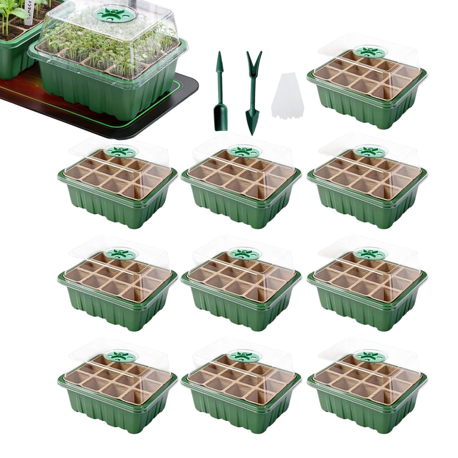 育苗トレー 12穴 10セット 育苗キット 蓋付き 苗ポット 種まき 育苗箱 発芽 菜園 園芸用品 ガーデニング 室内栽培 ベランダ菜園 植物栽培ポット 家庭菜園 園芸ツール付き|アピネス