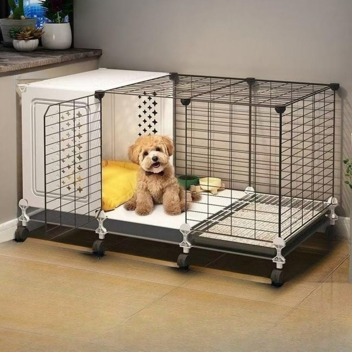 愛玩動物伏せ籠 小型犬用 愛玩動物倶楽部 室内 犬掘ったて小屋 ゲージ 精神的な統合式 室内用便器別体 御盆付き添い人 キャスター付き添い人 犬用伏せ籠 ドッグサークル 愛玩動物用 別墅 今めかしい 105×45×57糎