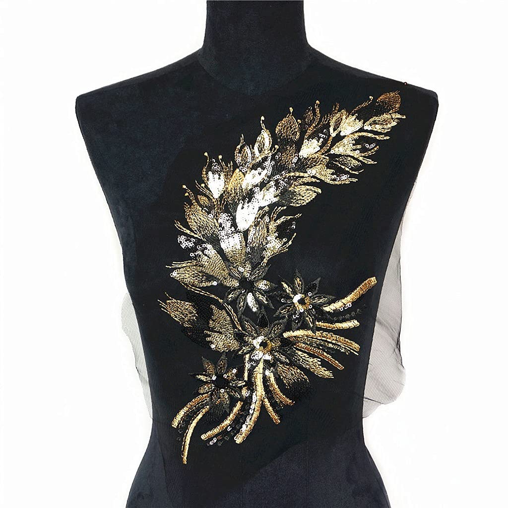 黒いこと＆ゴールド スパンコール 刺しゅう紋章 画題 チュールメッシュ アップリケ 羽毛調 花画題 御召しもの 人付き合い社交ダンス 新体操 バレー 御召しもの お手てお手伝いさん 手芸 部分品 幅19珊 縦40珊