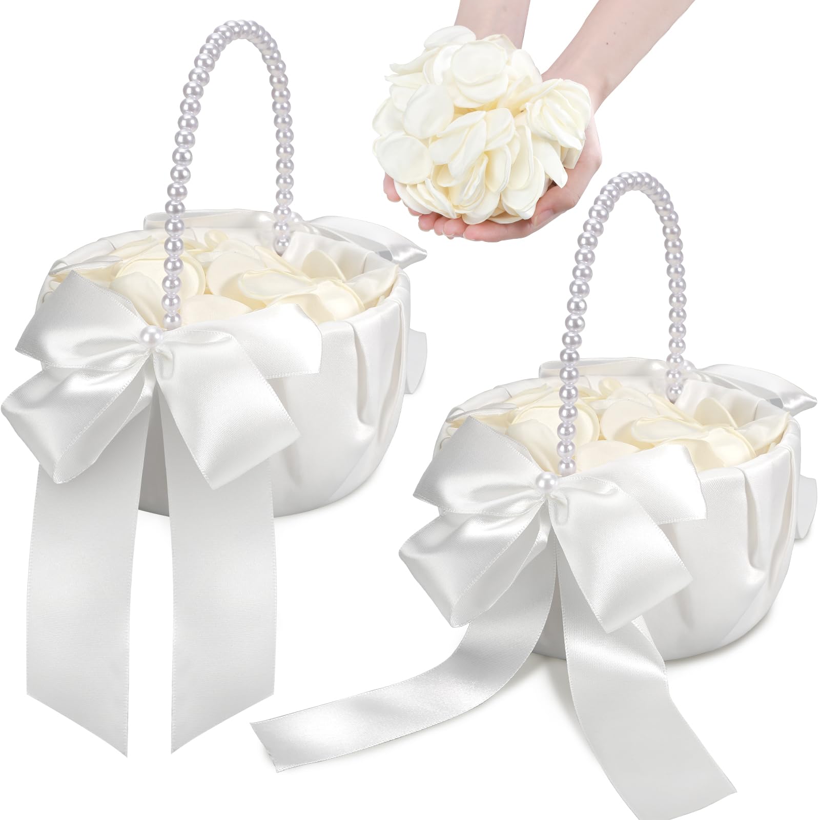 リングガール バスケット 2個セット パールハンドル 花びら400枚付き 結婚式 ウェディング小物 フラワーシャワー かご 造花 ホワイト おしゃれ 撮影小物 ブライダル パーティー イベント用品|アピネス